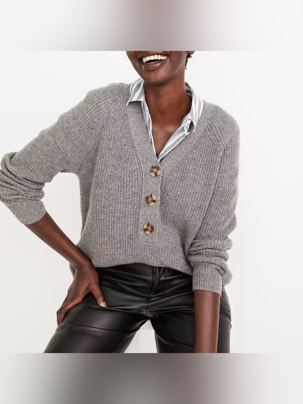 Madewell Gray Ribbed V-Neck Sweater with Button Placket